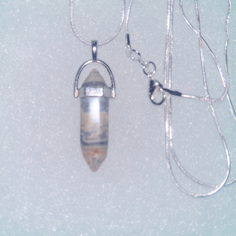 Boho hippie agate natural crystal silver 30” necklace